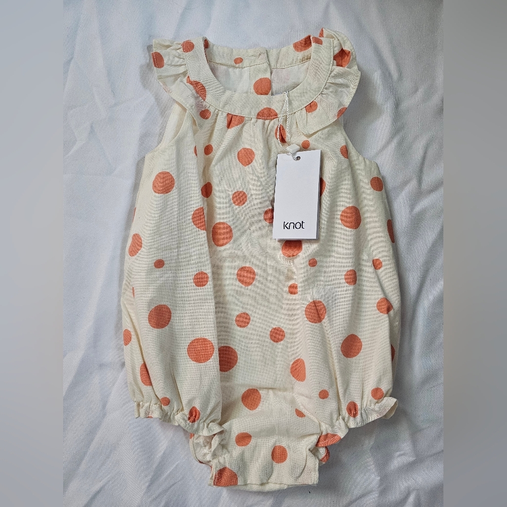 Knot Cream Polka Dot Baby Romper with Ruffle Collar- 6 Month- NWT